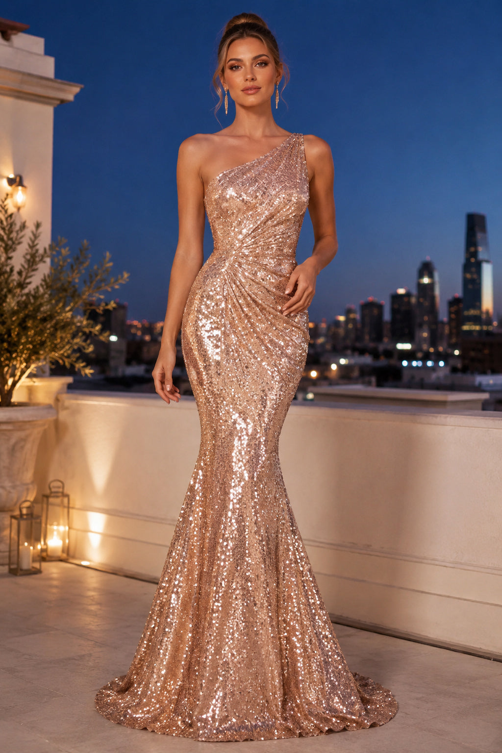 Champagne One Shoulder Sequin Mermaid Evening Dress for Prom Evening and Formal Reception Events front view