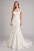 White Halter A-Line Chiffon Floor-length Wedding Dress With Layered Skirt and Beaded Bodice and Open Back Lace Hem Detail