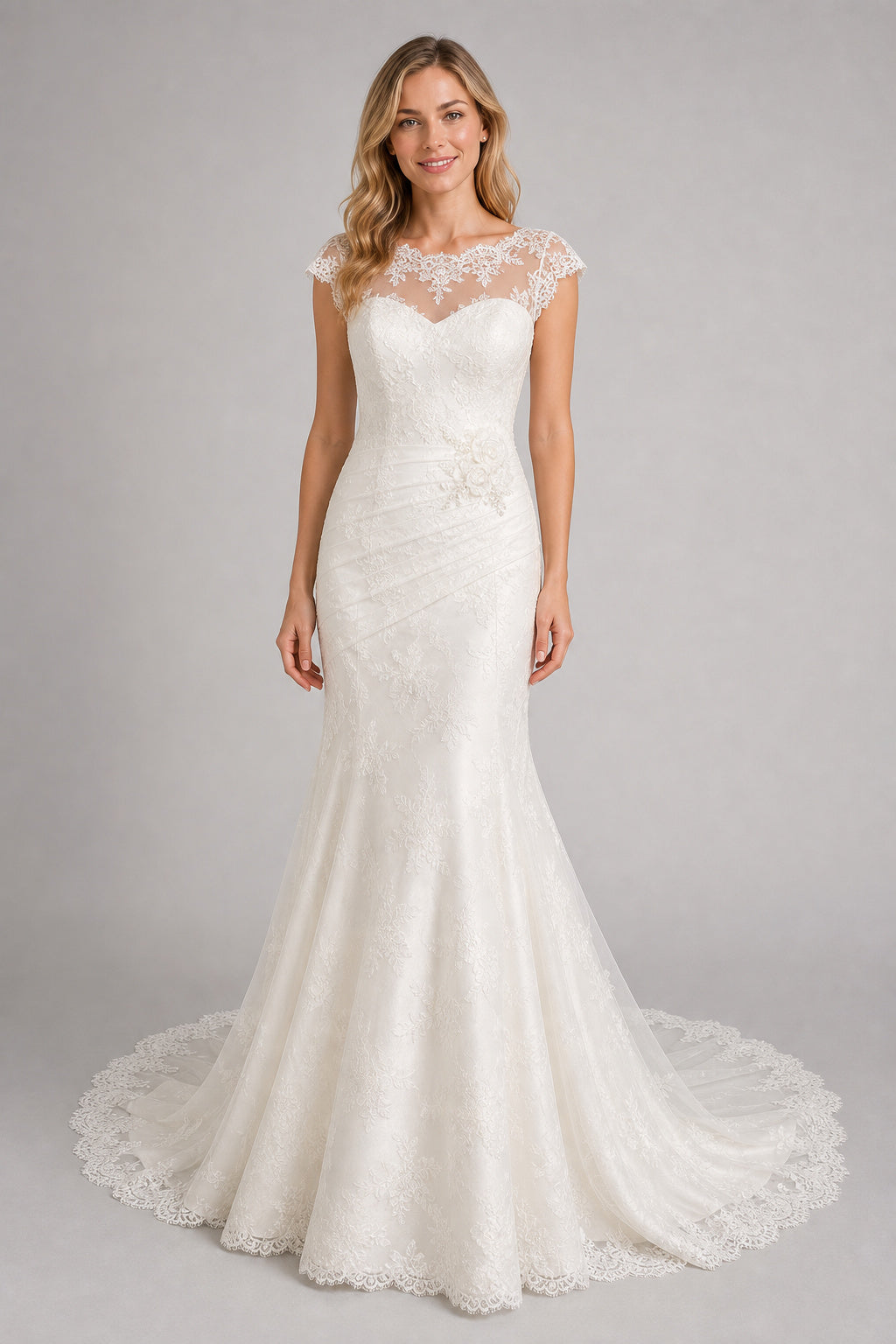 White Halter A-Line Chiffon Floor-length Wedding Dress With Layered Skirt and Beaded Bodice and Open Back Lace Hem Detail