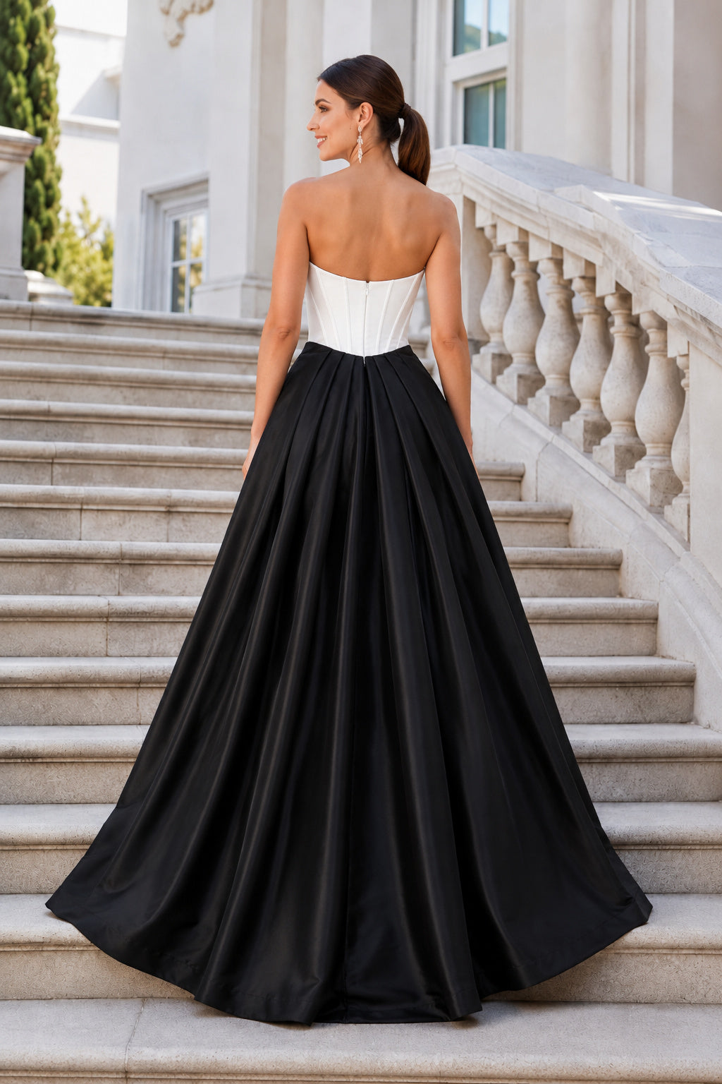 Black White Bodice Black Satin Ball Gown with Side Slit Floor Length Ball Gown Prom Dress back view