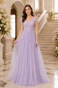 Lavender V-Neck A-Line Formal Dress with Cap Sleeves and Tulle Skirt front view