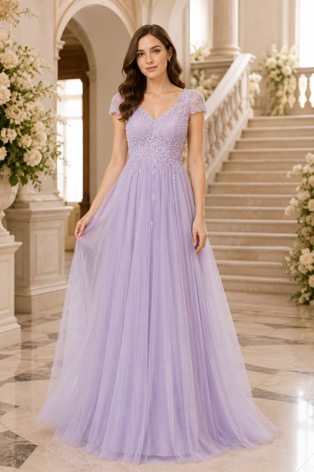 Lavender V-Neck A-Line Formal Dress with Cap Sleeves and Tulle Skirt front view