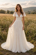 Ivory V-Neck Flutter Sleeve Lace A-Line Wedding Dress with Soft Tulle Train front view
