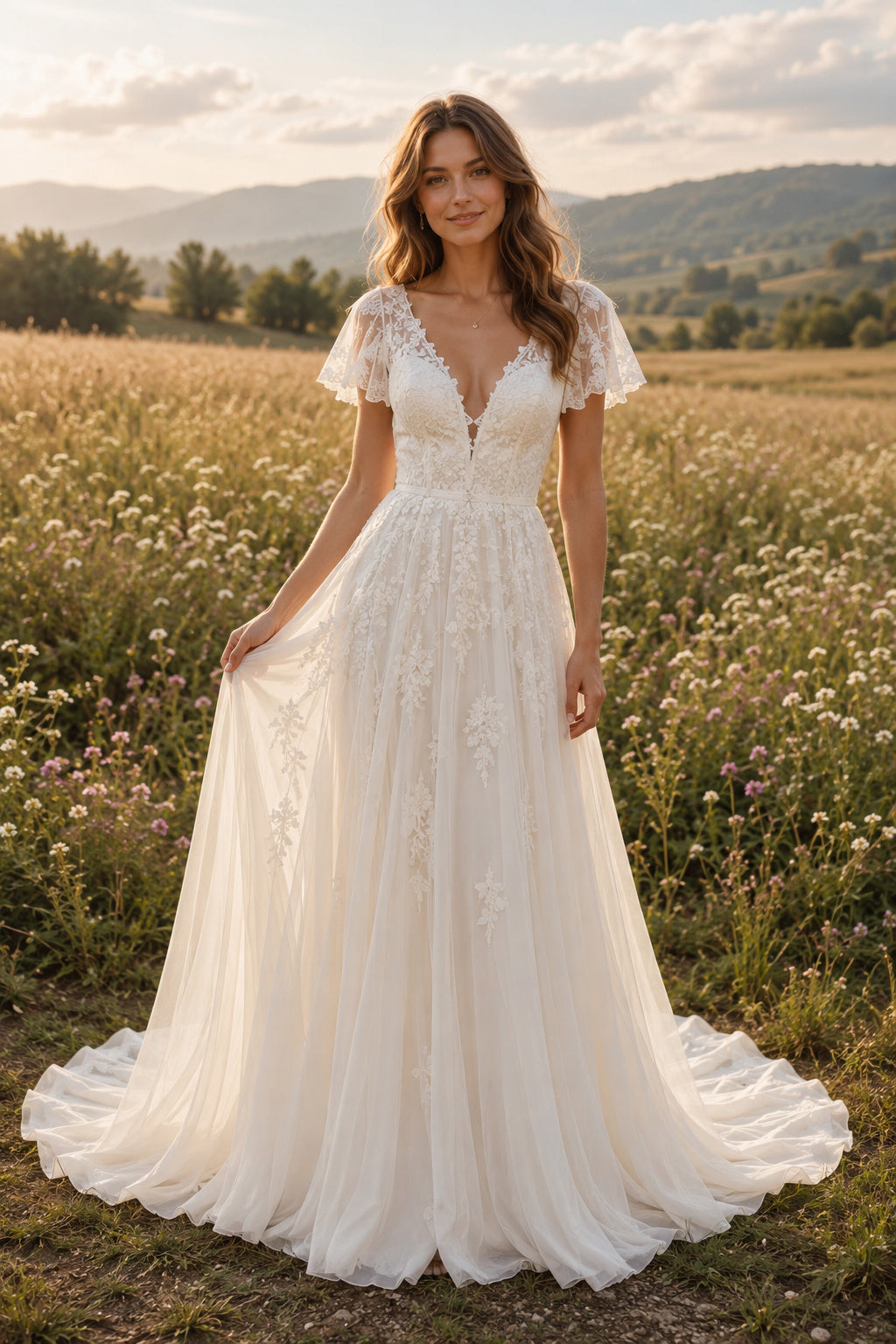 Ivory V-Neck Flutter Sleeve Lace A-Line Wedding Dress with Soft Tulle Train front view