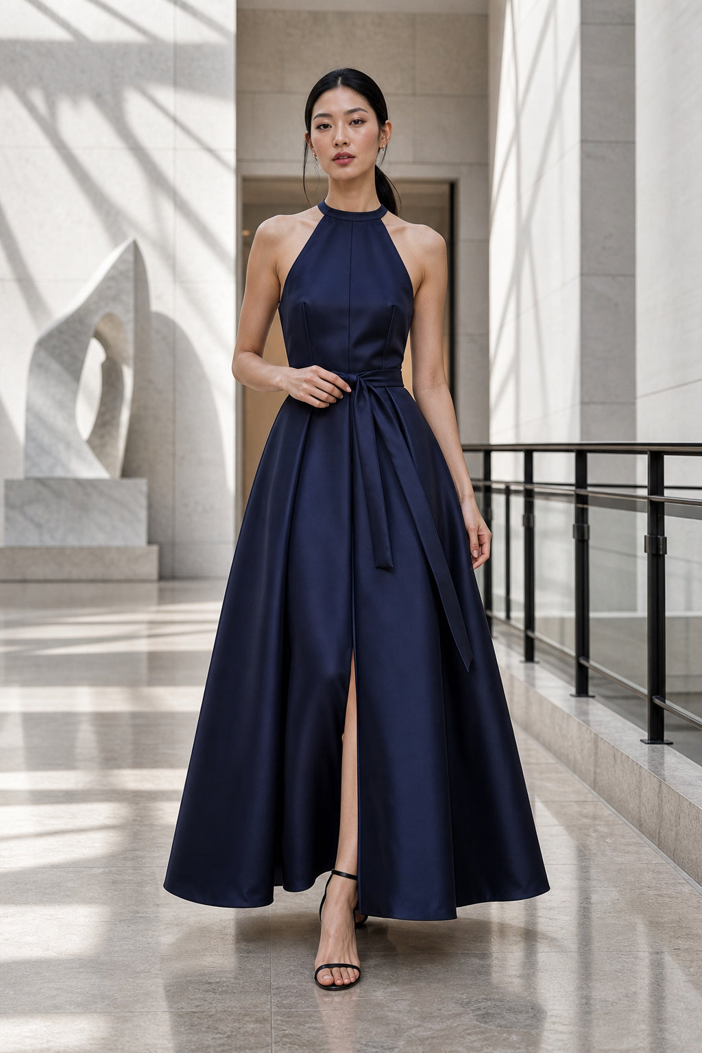 Navy Halter A-Line Satin Floor-Length Dress With Front Slit and Open Back