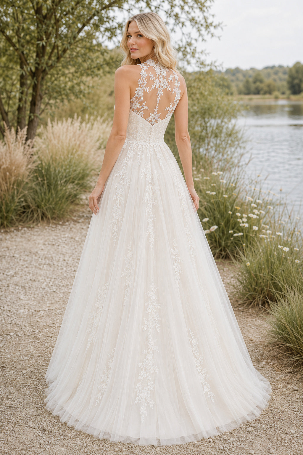 Ivory Illusion High Neck Tulle A-Line Wedding Dress with Floral Lace Bodice back view