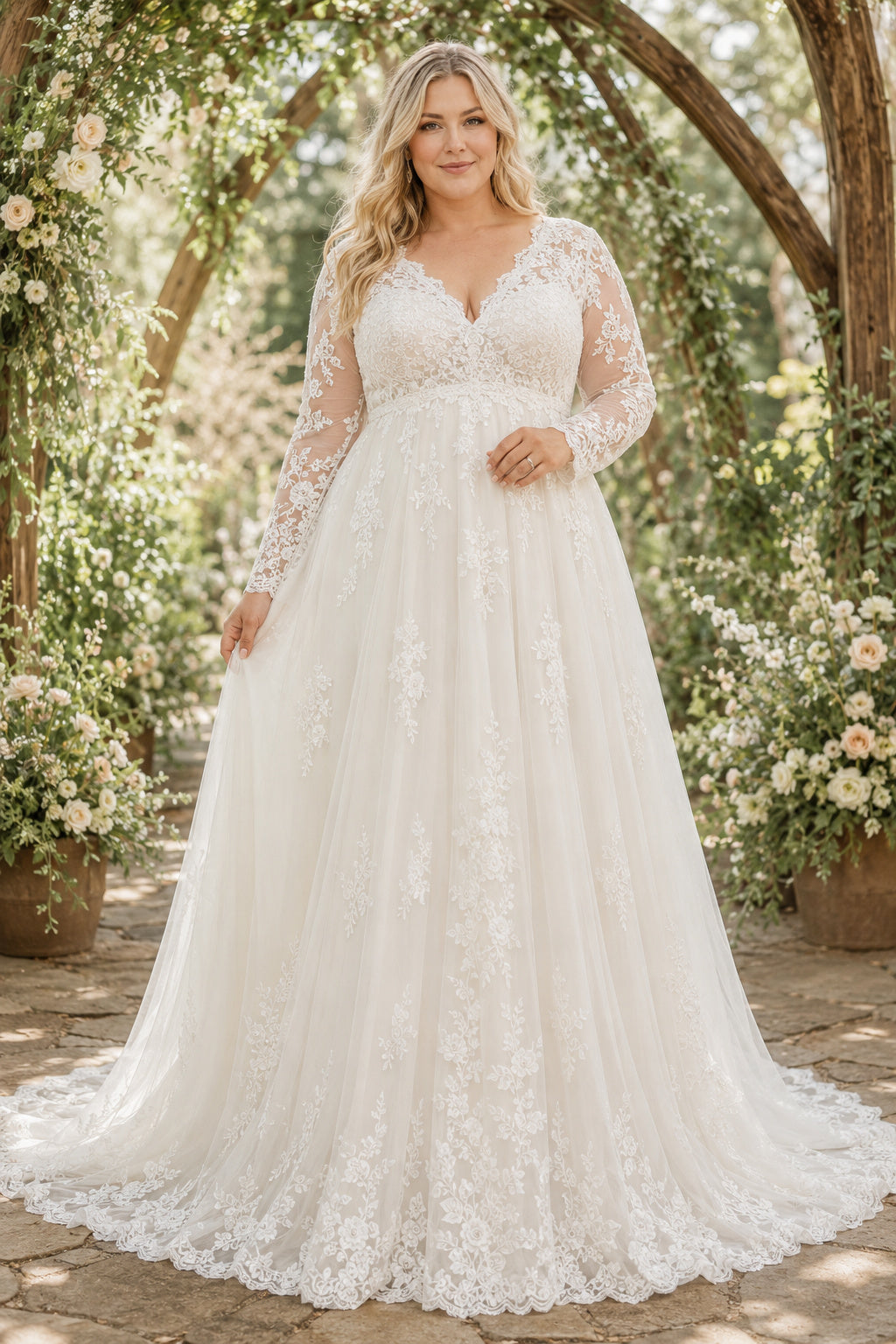 Plus Size Ivory V-Neck Long Illusion Sleeve Lace Tulle A-Line Wedding Dress with Long Lace Sleeves and Chapel Train front vie