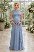 Steel Blue Maternity Jewel Neck Chiffon A-Line Dress front view