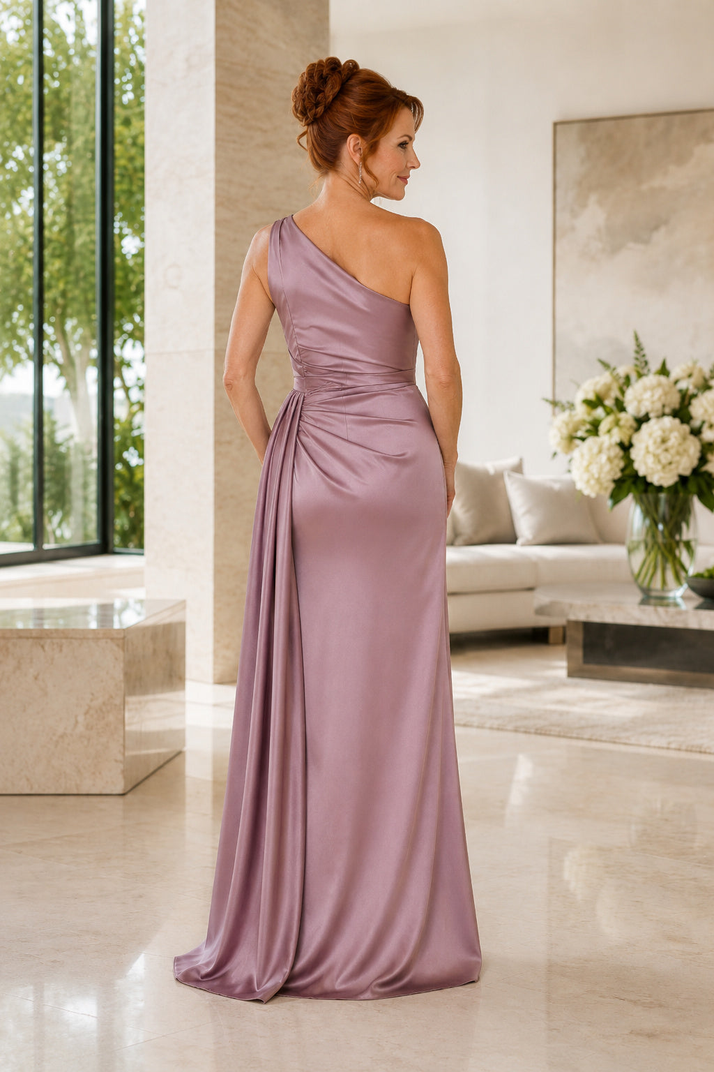 Vintage Mauve One Shoulder Satin Sheath Mother Dress with Front Split and Draping back view