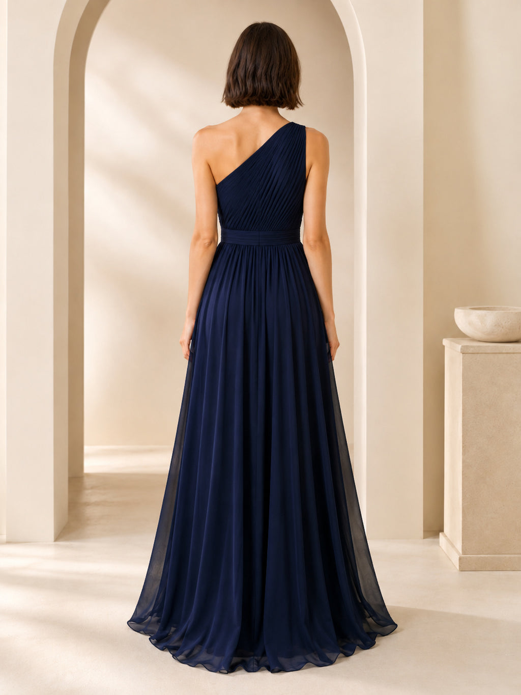 Dark Navy One Shoulder Chiffon A Line Formal Dress back view