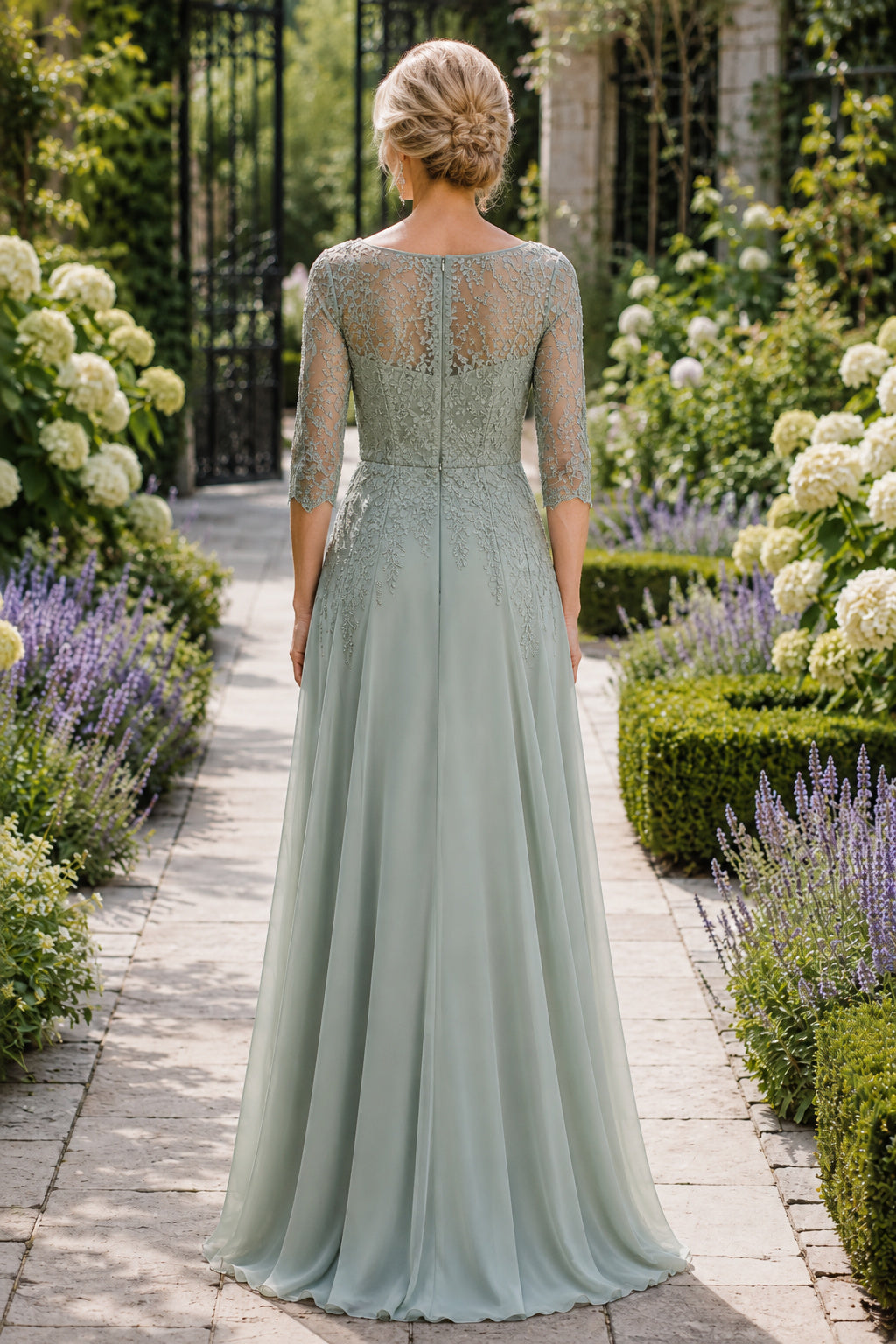Sage Bateau A-Line Mother Dress with Illusion Lace Bodice and Chiffon Skirt for Evening Reception back view
