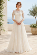 Ivory Modest High Neck A-Line Soft Tulle Wedding Dress with Three Quarter Lace Sleeves and Sweep Train front view