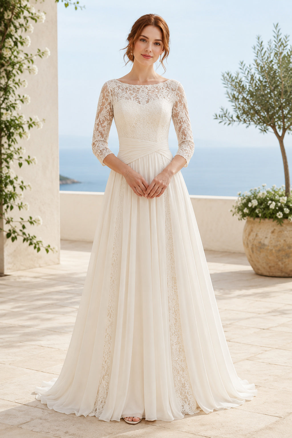 Ivory Modest High Neck A-Line Soft Tulle Wedding Dress with Three Quarter Lace Sleeves and Sweep Train front view