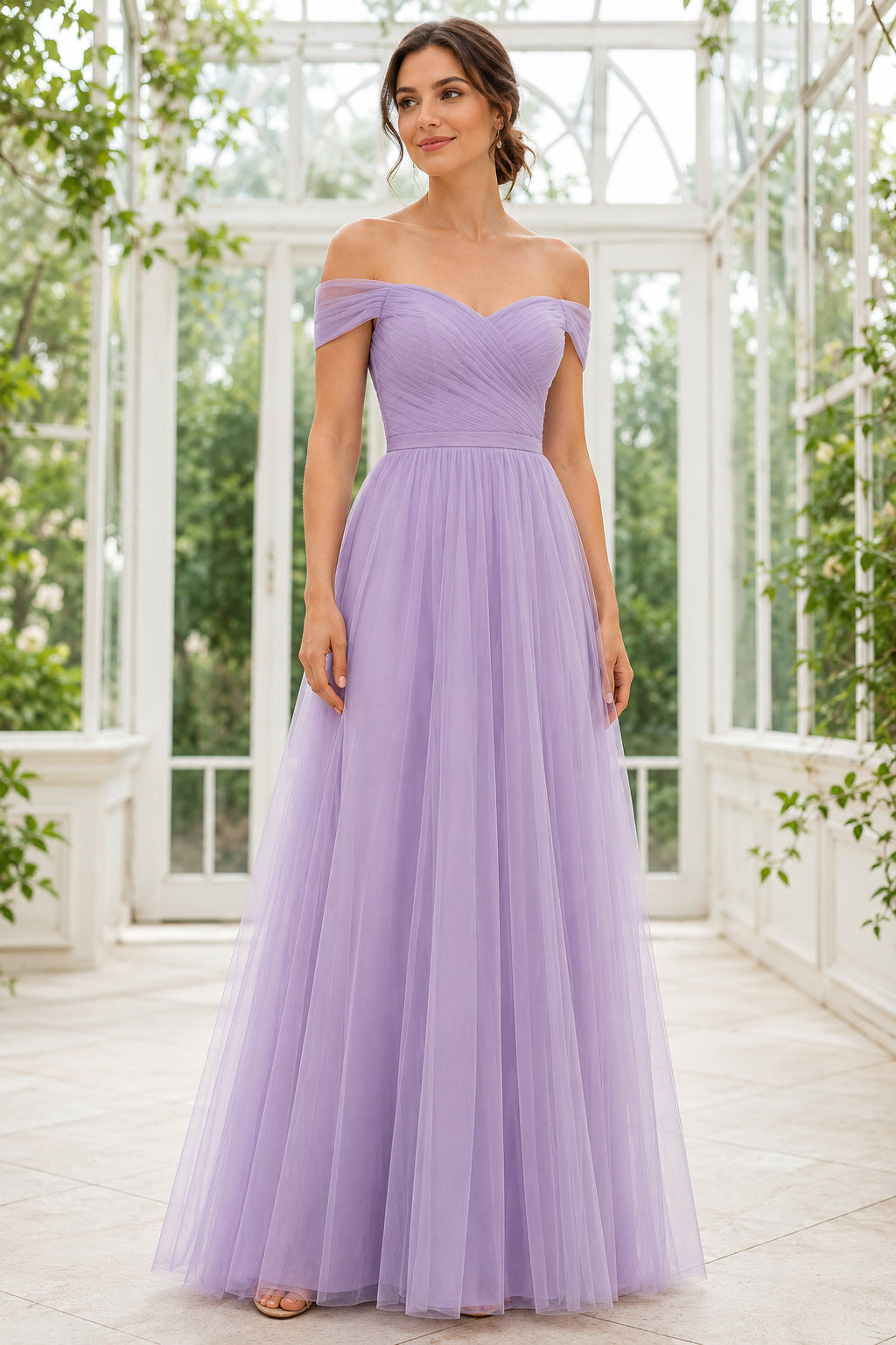Lavender Off-the-Shoulder Tulle A-Line Bridesmaid Dress with Sweetheart Neck and Soft Skirt front view