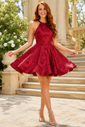 Burgundy Fit And Flare Homecoming A-Line Dress front view