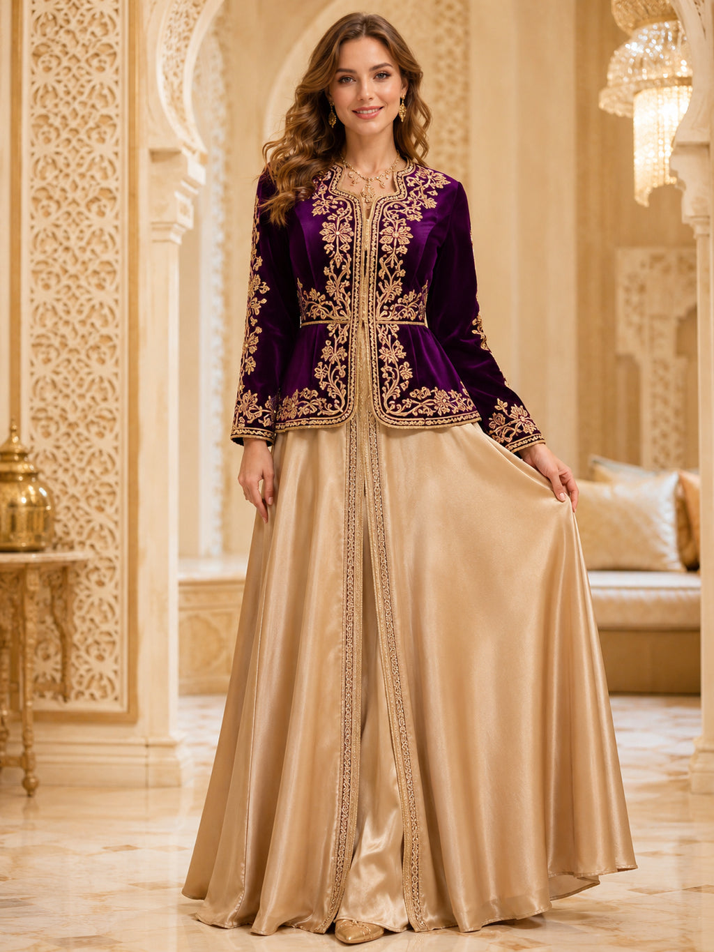 Regency Karakou Two Piece Floor Length V Neck Gold Embroidered Jacket Dress Set front view