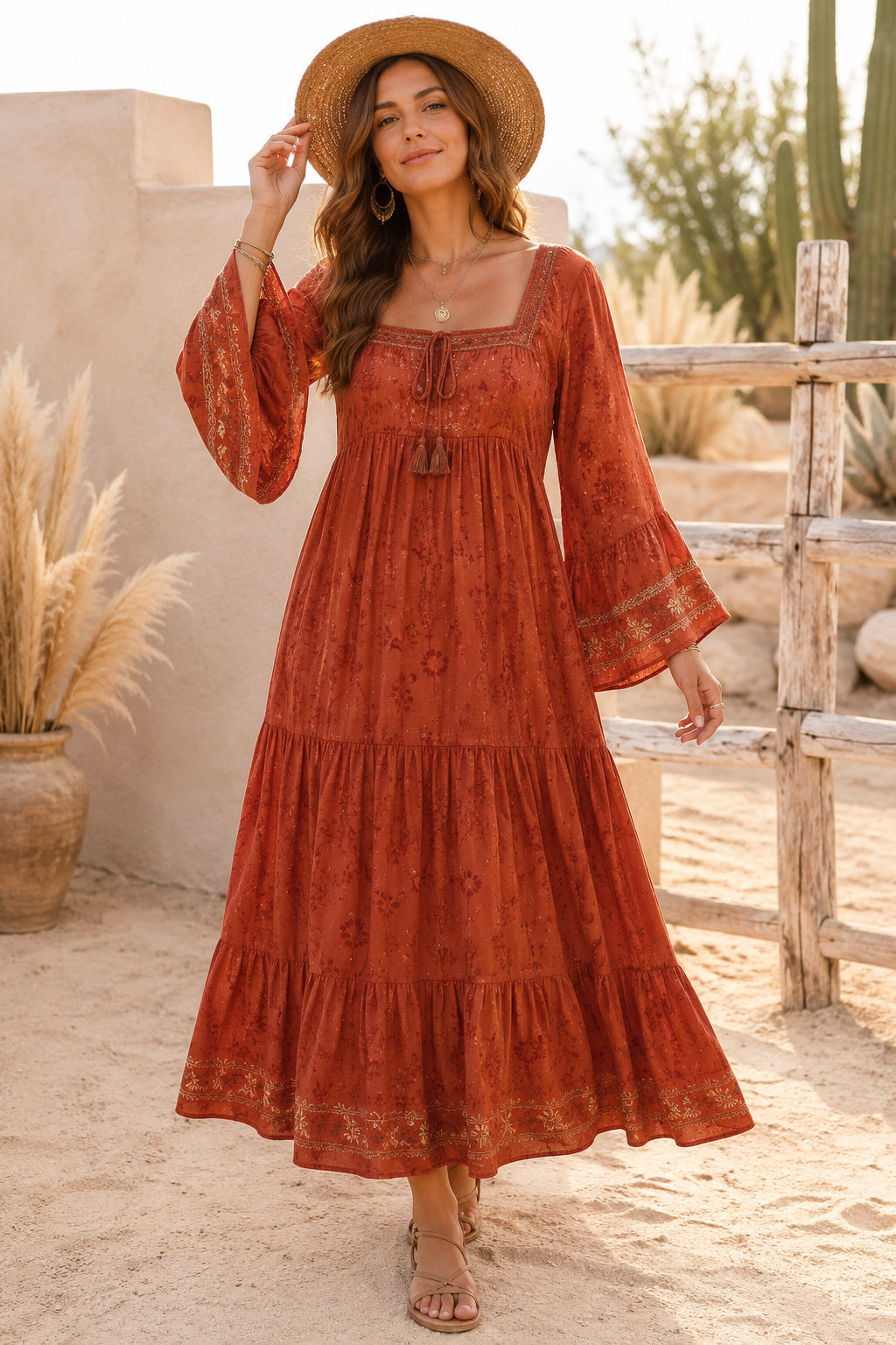 Orange Square Neck Boho Guest Dress with Bell Sleeves and Tiered Midi Skirt for Garden Reception Party front view