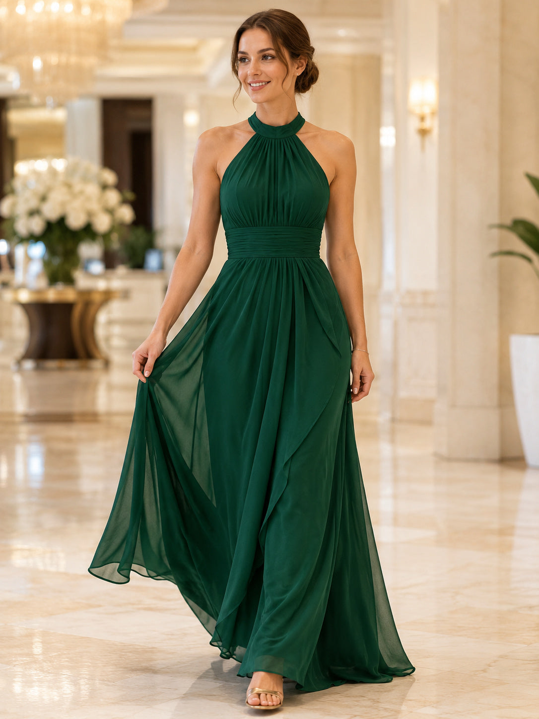 Dark Green Halter Chiffon A Line Formal Dress front view