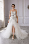 Ivory Sweetheart A-Line Tulle High-low Wedding Dress With Sash and Beading