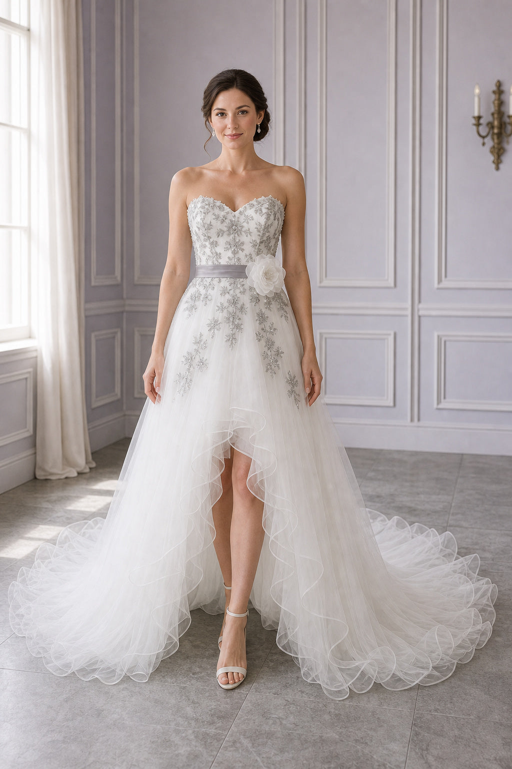 Ivory Sweetheart A-Line Tulle High-low Wedding Dress With Sash and Beading