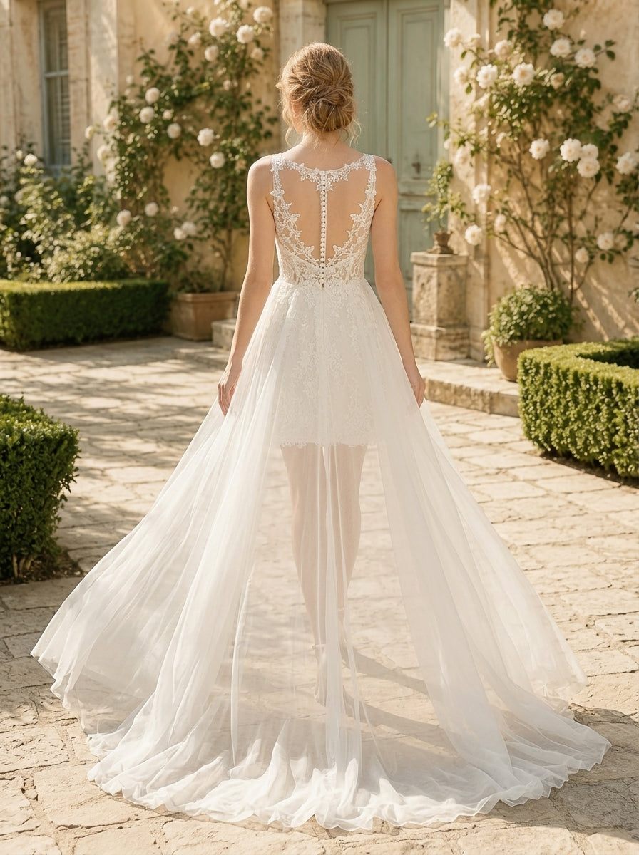 V-Neck Lace Mini Wedding Dress Removable Train back view