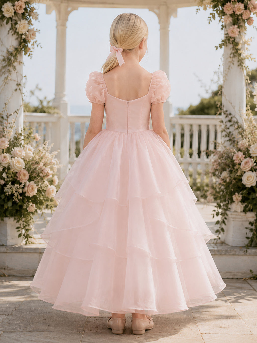 Blush Organza A-Line Flower Girl Dress with Short Sleeve, Off Shoulder, Tea-Length Skirt, Ruffle Detail back view
