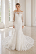 Champagne Bateau Three-Quarter Sleeves Mermaid Lace Floor-length Wedding Dress With Lace and Lace Bodice and Open Back