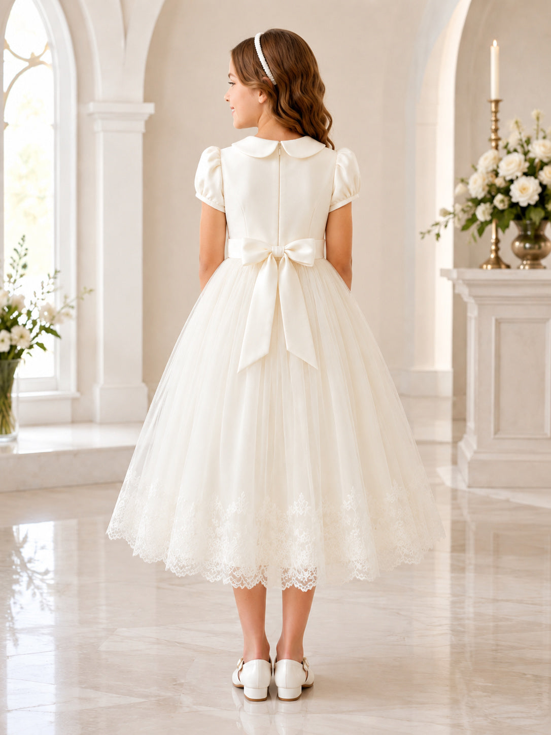 White Peter Pan Collar Puff Sleeve Tulle Communion Tea Dress back view