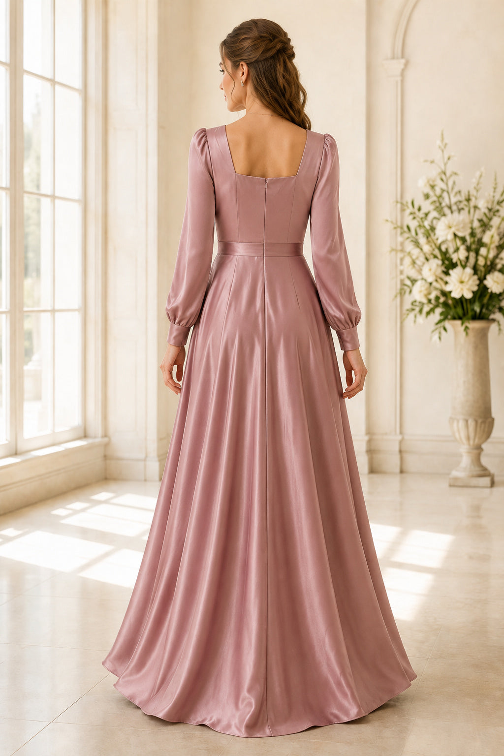 Dusty Rose Square Neck Satin A-Line Formal Dress with Long Sleeves and Clean Skirt back view