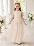 Flower Girl Dress Blush Chiffon A-Line Sleeveless Halter Neck Floor Length front view