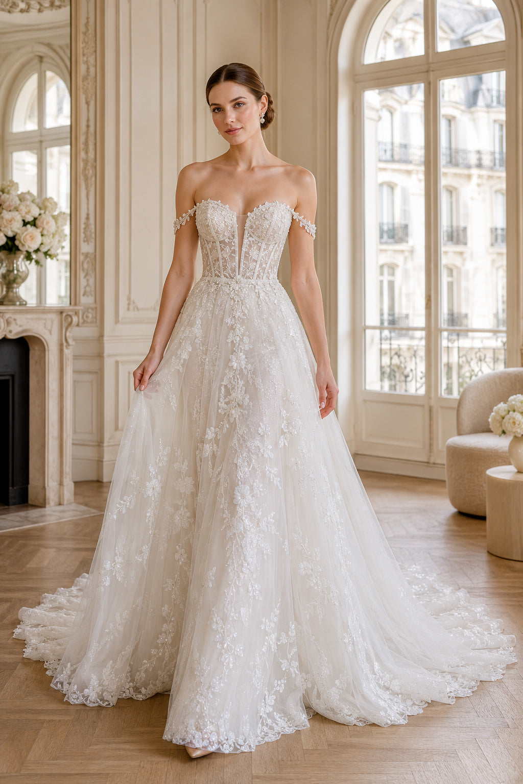 Ivory Strapless Lace A-Line Wedding Dress with Chapel Train front view