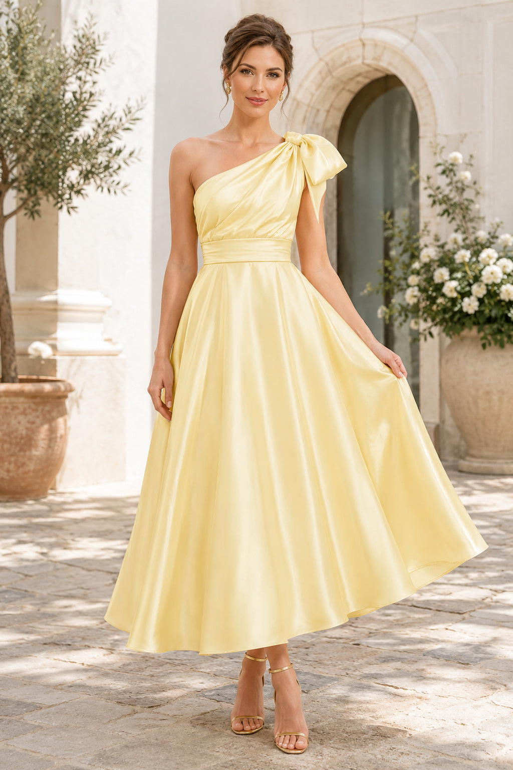 Daffodil One Shoulder Satin Tea-Length Formal Dress front view