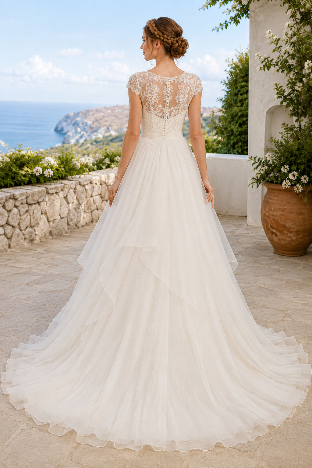 Bateau Cap Sleeve A-Line Wedding Dress with Layered Tulle Skirt and Sweep Train for Beach Garden Ceremony back view