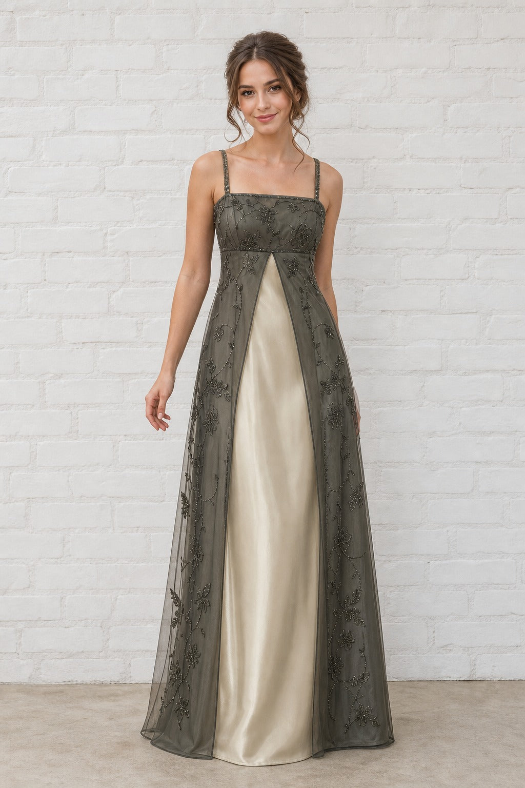 Charcoal Square Neck Floor-Length Tulle A-Line Dress