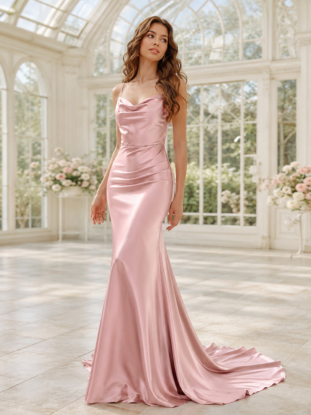 Blushing Pink Cowl Neck Spaghetti Satin Sheath Chapel Train Wedding Gown front view