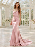 Blushing Pink Cowl Neck Spaghetti Satin Sheath Chapel Train Wedding Gown front view
