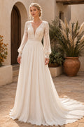 Long Sleeve V-Neck A-Line Wedding Dress with Lace Bodice and Chiffon Sweep Train front view