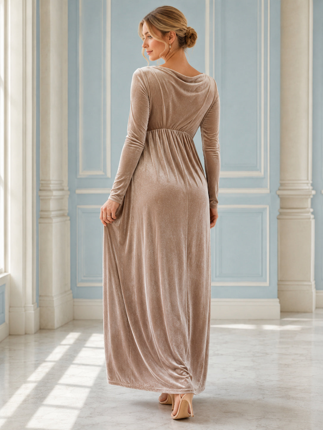 Taupe Maternity Elegant Cowl Neck Long Sleeve Velvet Empire Floor-Length Dress back view