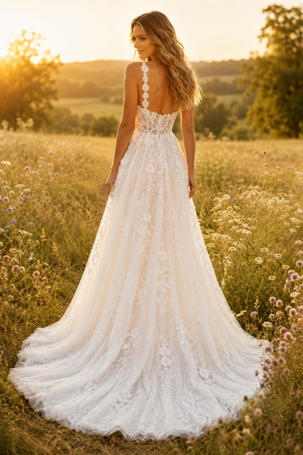 Ivory Square Strap Applique Tulle A-Line Wedding Dress Split Train for Wedding Ceremony and Reception back view