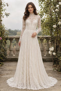 Ivory High Neck Long Sleeve Lace A-Line Wedding Dress Train for Wedding Ceremony and Reception Style MG_701475 front view