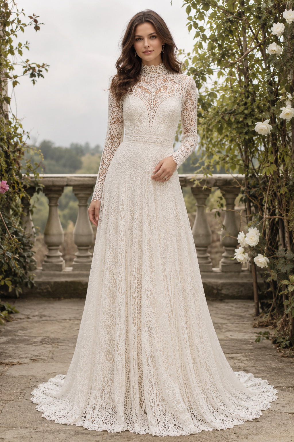 Ivory High Neck Long Sleeve Lace A-Line Wedding Dress Train for Wedding Ceremony and Reception Style MG_701475 front view