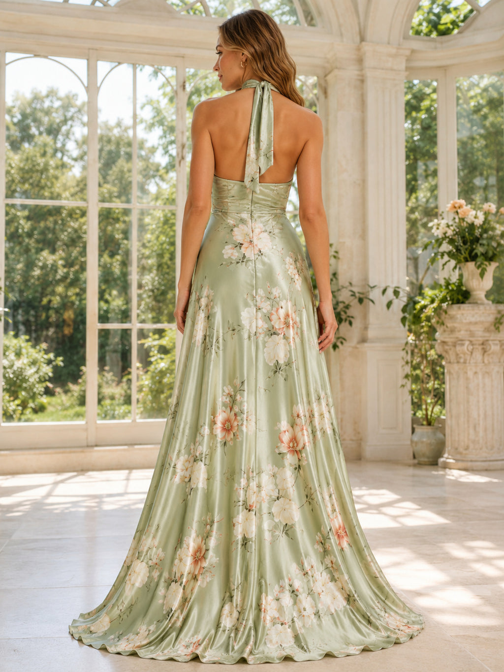 Sage Floral Halter High Neck Satin A Line Formal Gown back view