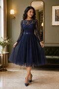 Navy Bateau Long Sleeve A-Line Tulle Tea-Length Dress With Lace Bodice
