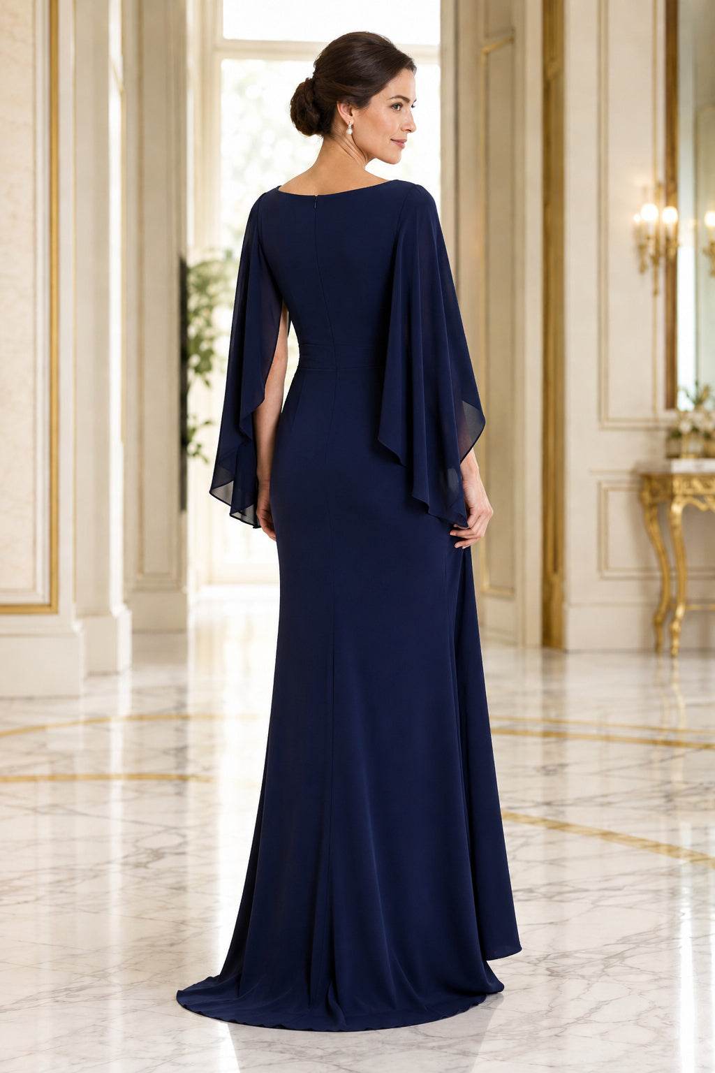 Dark Navy Bateau Sheath Mother Dress with Chiffon Cape Sleeves back view
