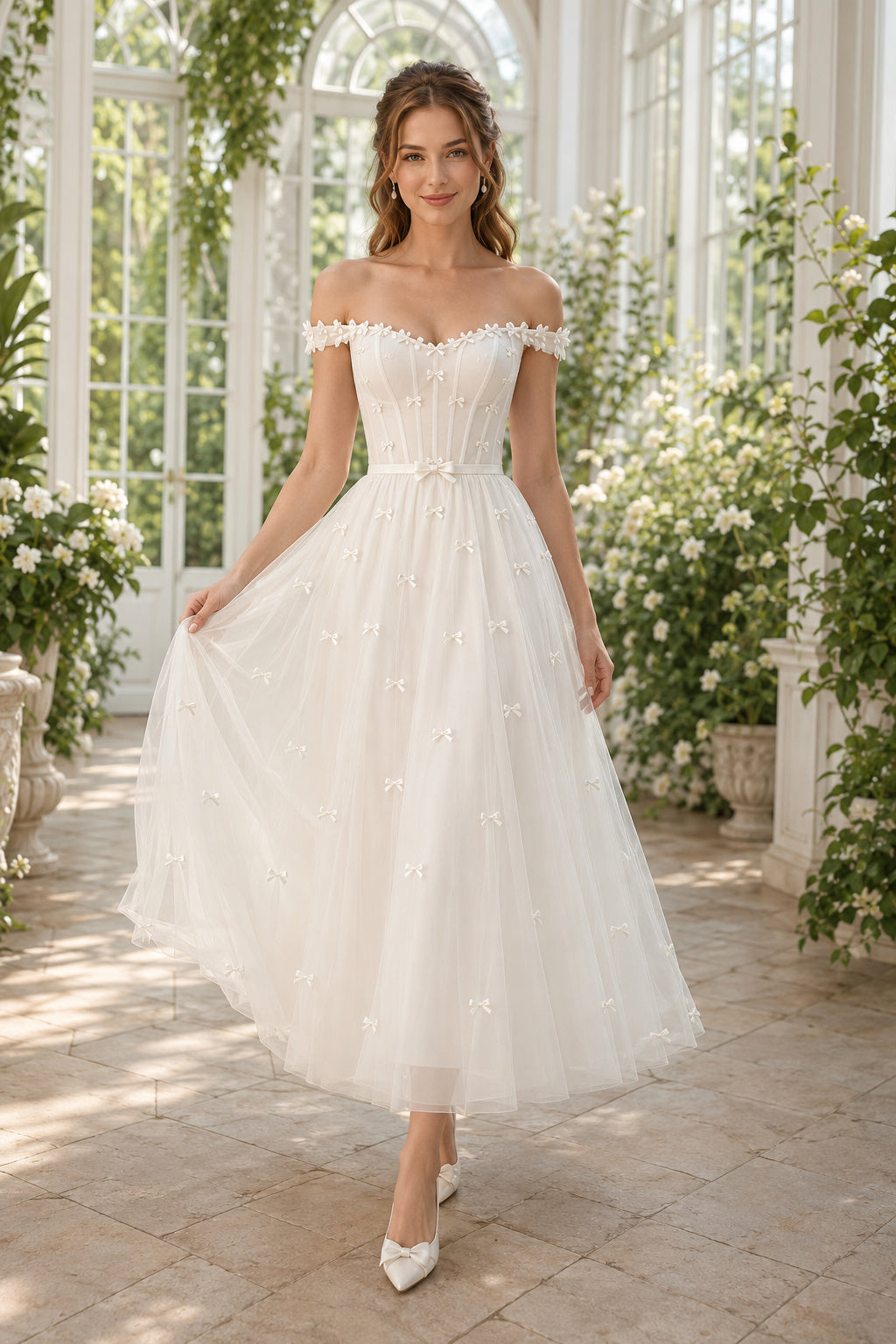 White Off-the-Shoulder Tea-Length Tulle Wedding Dress front view
