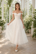 White Off-the-Shoulder Tea-Length Tulle Wedding Dress front view