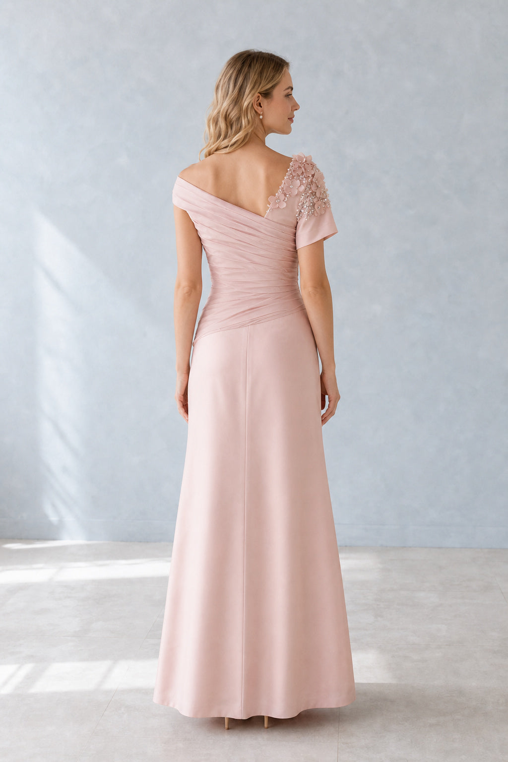 Blush One-Shoulder Sheath Chiffon Floor-Length Dress With Side Drape