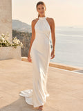Beach Charmeuse Wedding Dress Sheath Halter Sleeveless Sweep Train Open Back Bridal Gown front view