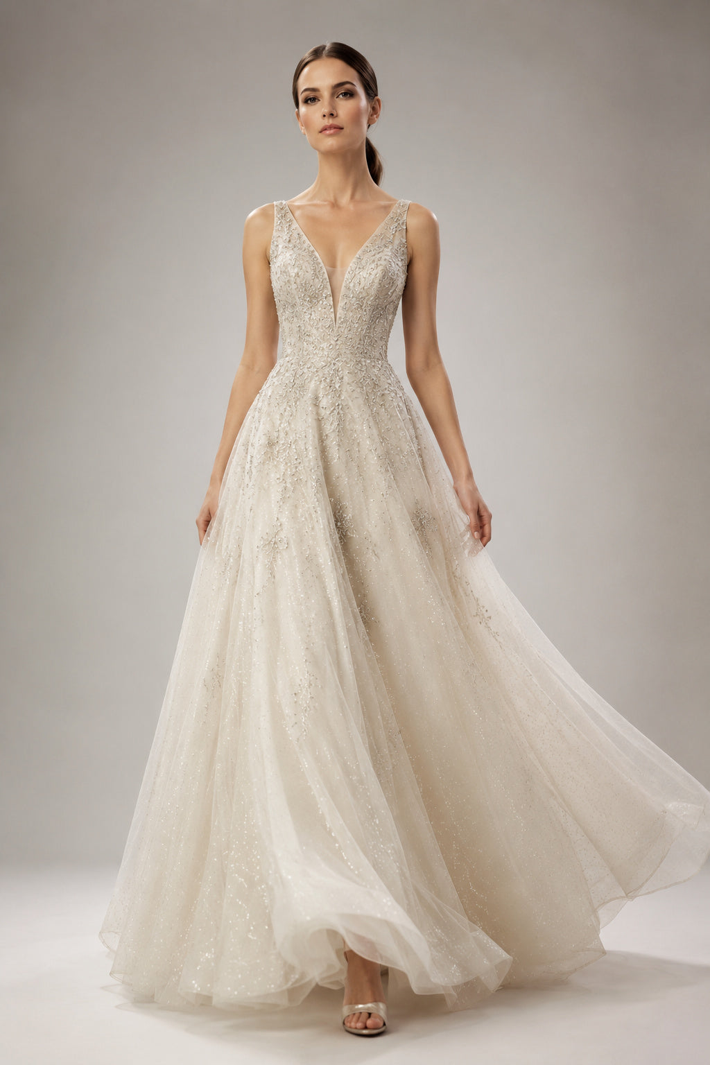 V-Neck Lace Tulle A-Line Wedding Dress with Sweep Train front view