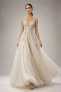 V-Neck Lace Tulle A-Line Wedding Dress with Sweep Train front view